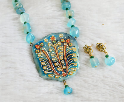 Hand painted flower sliced agate pendant with blue-green onyx beaded necklace set dj-48603