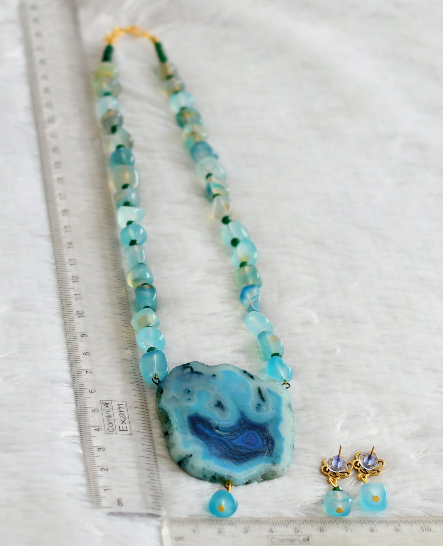 Hand painted flower sliced agate pendant with blue-green onyx beaded necklace set dj-48603