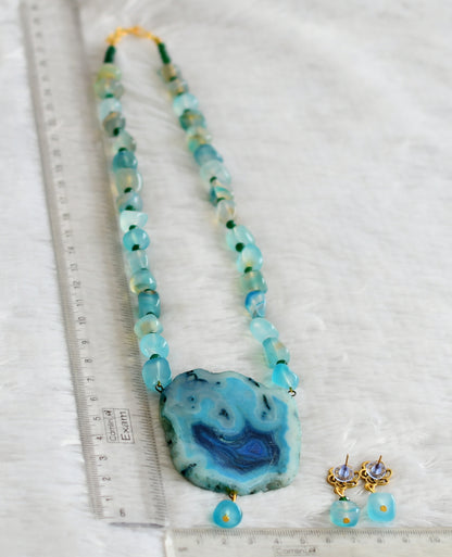 Hand painted flower sliced agate pendant with blue-green onyx beaded necklace set dj-48603