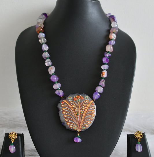 Hand painted flower sliced agate pendant with purple-green onyx beaded necklace set sj-48605