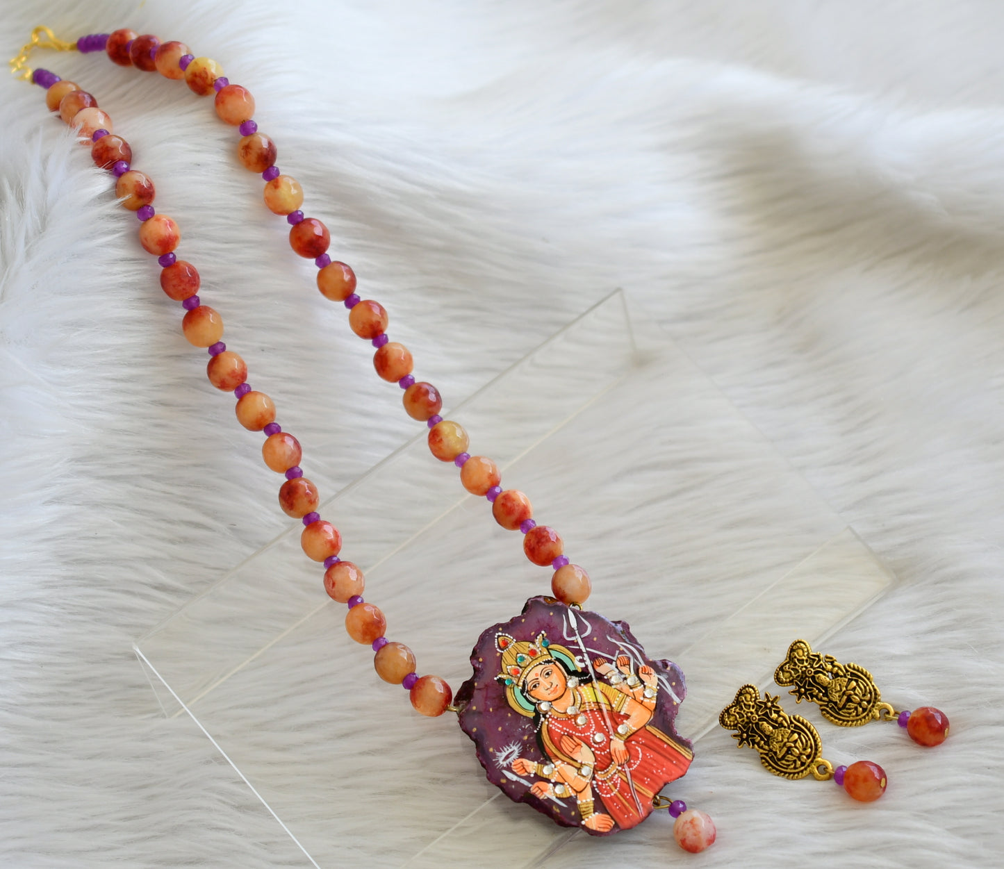 Hand painted ma shakti sliced agate pendant with red-yellow-purple beaded necklace set dj-45176