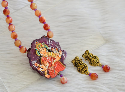 Hand painted ma shakti sliced agate pendant with red-yellow-purple beaded necklace set dj-45176