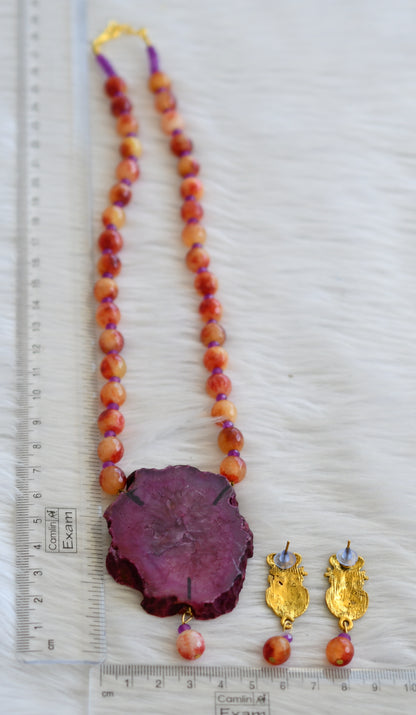 Hand painted ma shakti sliced agate pendant with red-yellow-purple beaded necklace set dj-45176