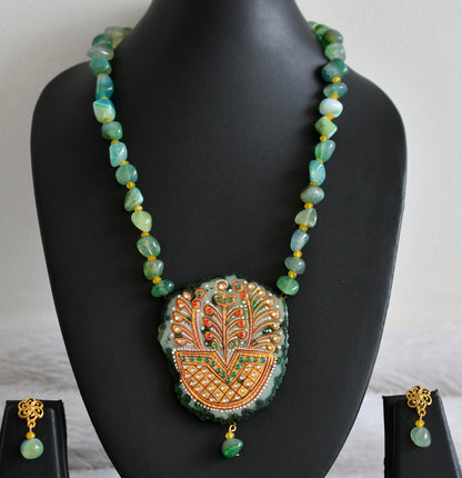 Hand painted flower sliced agate pendant with green-yellow onyx beaded necklace set dj-48597