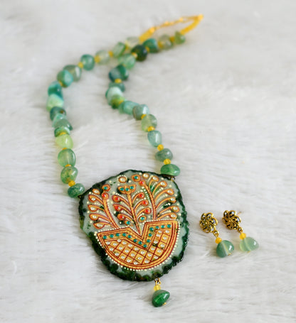 Hand painted flower sliced agate pendant with green-yellow onyx beaded necklace set dj-48597