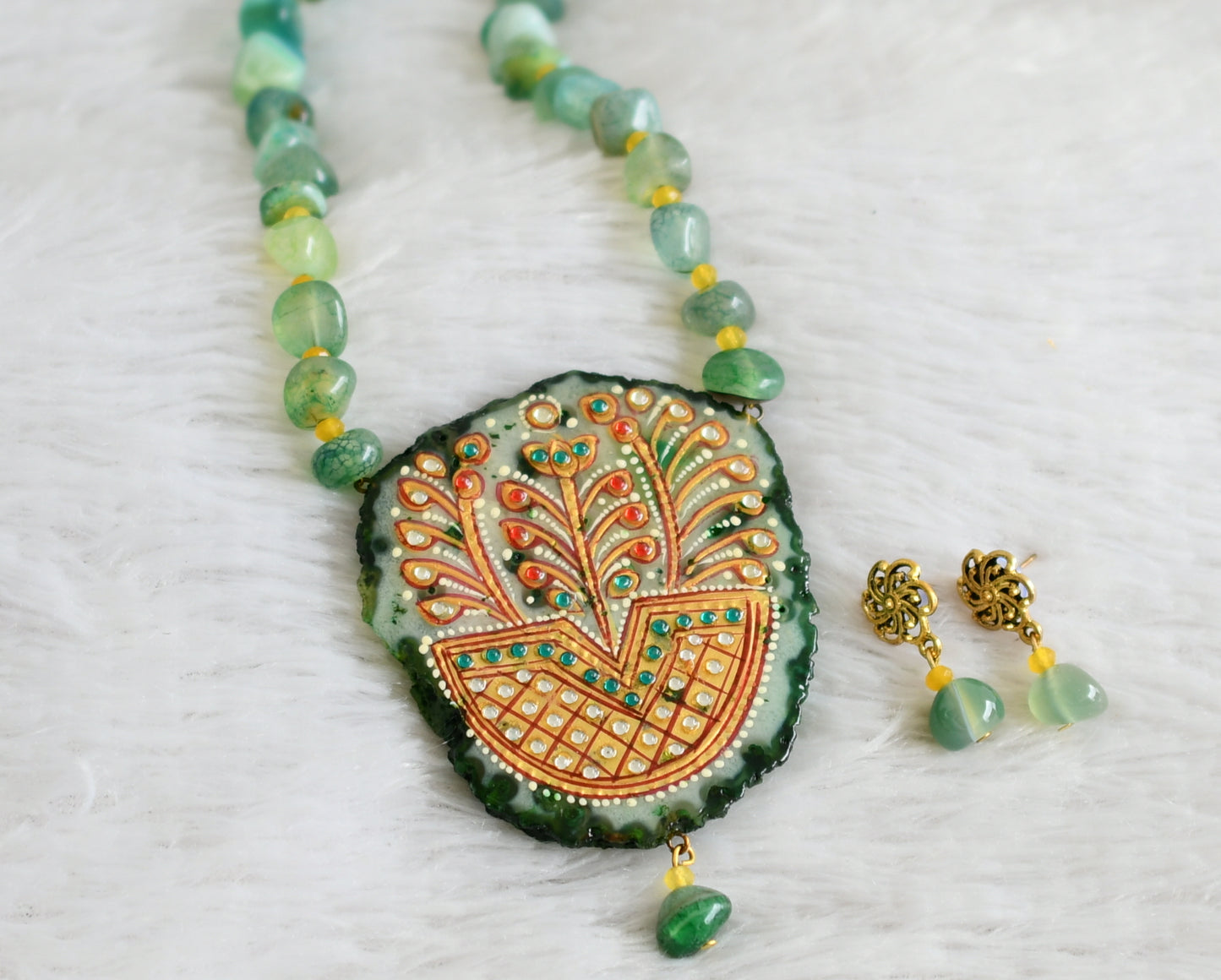 Hand painted flower sliced agate pendant with green-yellow onyx beaded necklace set dj-48597