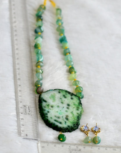 Hand painted flower sliced agate pendant with green-yellow onyx beaded necklace set dj-48597