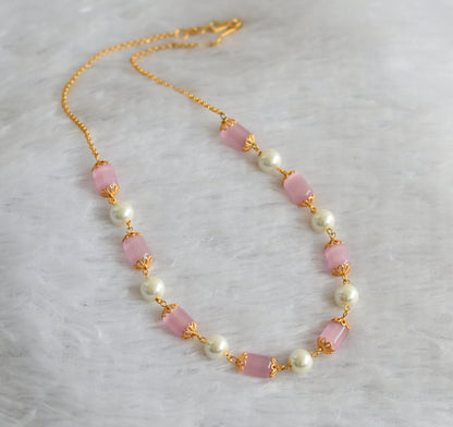 Gold tone baby pink-pearl beaded mala/chain dj-46829