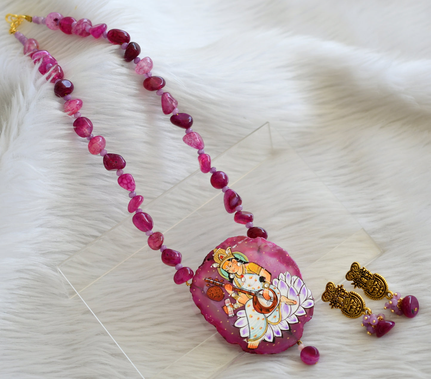 Hand painted saraswathi sliced agate pendant with pink-purple onyx beads necklace set dj-45191