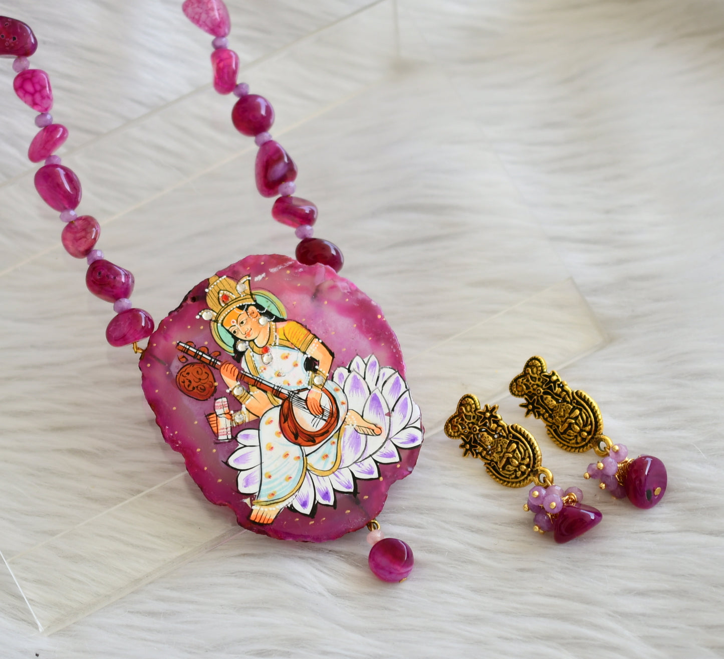 Hand painted saraswathi sliced agate pendant with pink-purple onyx beads necklace set dj-45191