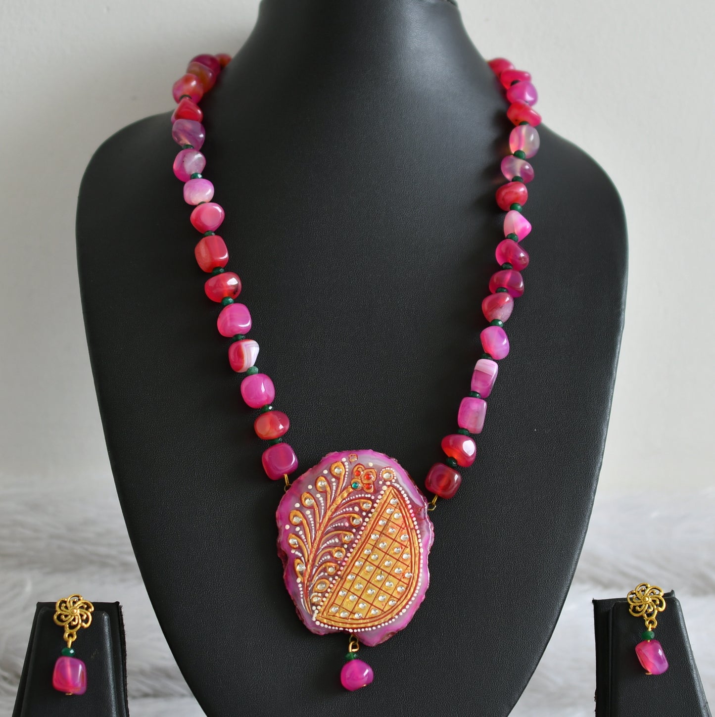 Hand painted flower sliced agate pendant with pink-green onyx beaded necklace set dj-48606