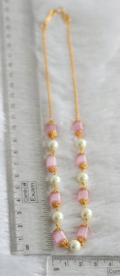 Gold tone baby pink-pearl beaded mala/chain dj-46829