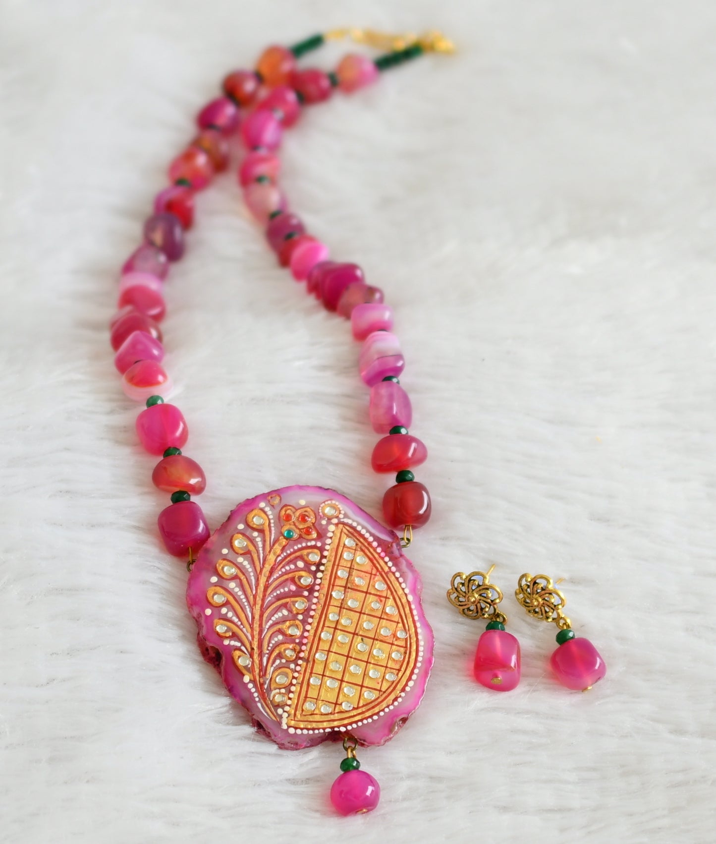 Hand painted flower sliced agate pendant with pink-green onyx beaded necklace set dj-48606