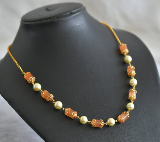 Gold tone orange-pearl beaded mala/chain dj-46830