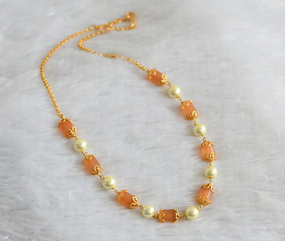 Gold tone orange-pearl beaded mala/chain dj-46830