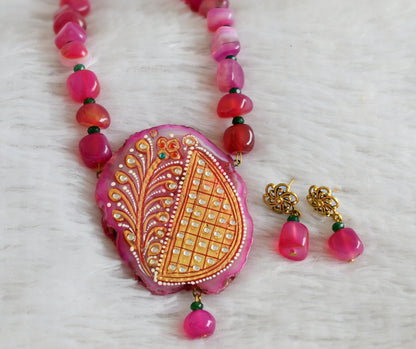 Hand painted flower sliced agate pendant with pink-green onyx beaded necklace set dj-48606