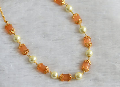 Gold tone orange-pearl beaded mala/chain dj-46830