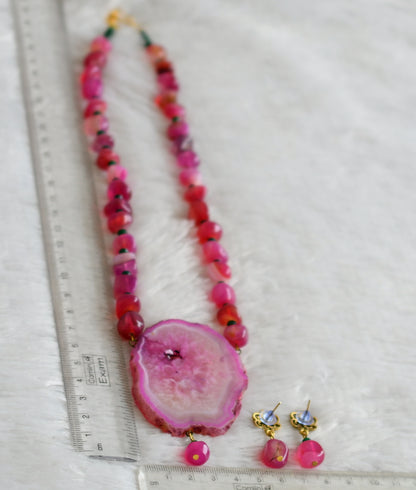 Hand painted flower sliced agate pendant with pink-green onyx beaded necklace set dj-48606