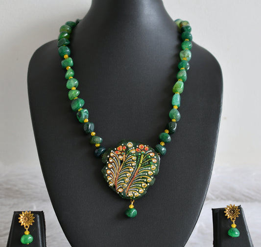 Hand painted flower sliced agate pendant with green-yellow onyx beaded necklace set dj-48590