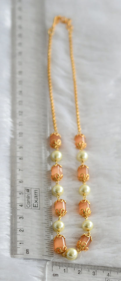 Gold tone orange-pearl beaded mala/chain dj-46830