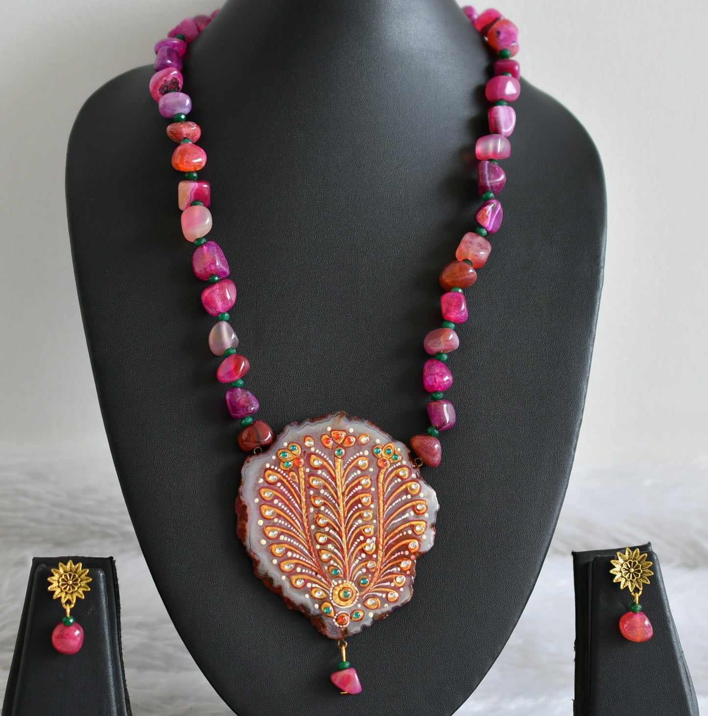 Hand painted flower sliced agate pendant with pink-green onyx beaded necklace set dj-48589