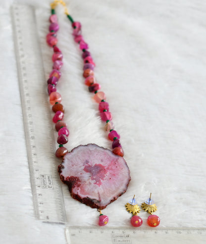 Hand painted flower sliced agate pendant with pink-green onyx beaded necklace set dj-48589