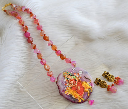 Hand painted ma shakti sliced agate pendant with pink-orange onyx beads necklace set dj-45173