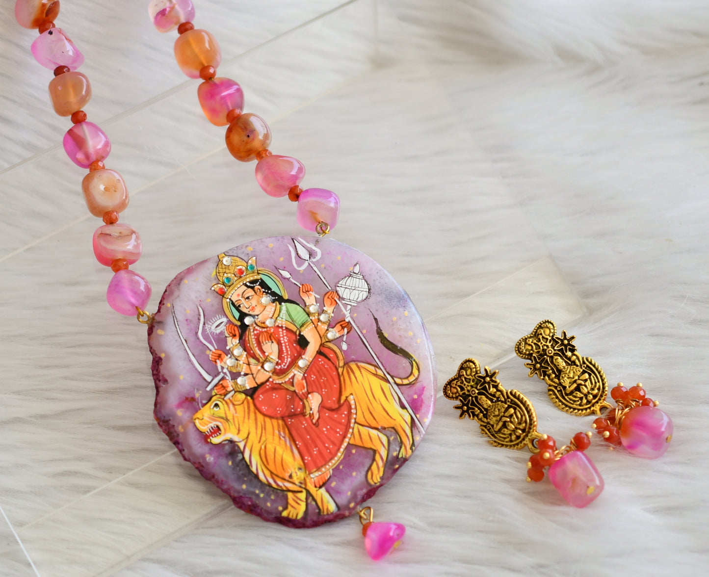 Hand painted ma shakti sliced agate pendant with pink-orange onyx beads necklace set dj-45173