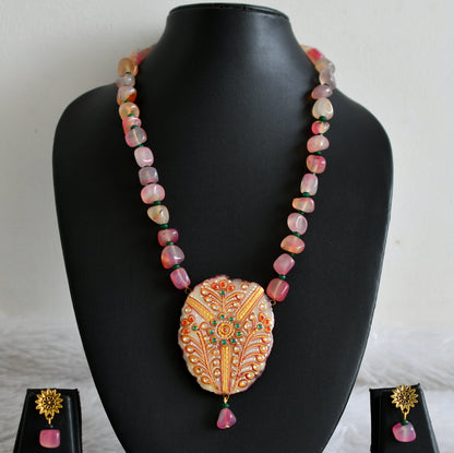 Hand painted flower sliced agate pendant with baby pink-green onyx beaded necklace set dj-48586