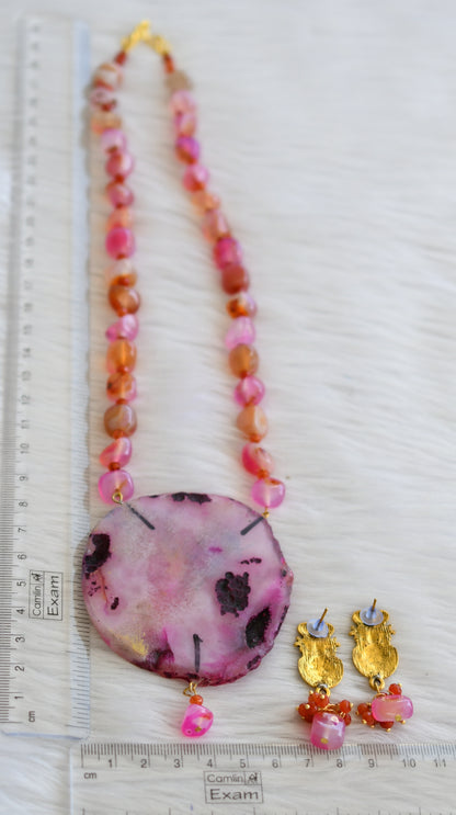 Hand painted ma shakti sliced agate pendant with pink-orange onyx beads necklace set dj-45173