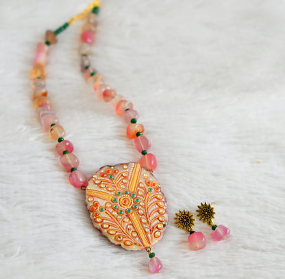 Hand painted flower sliced agate pendant with baby pink-green onyx beaded necklace set dj-48586