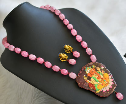 Hand painted ganesha sliced agate pendant with baby pink-maroon onyx beads necklace set dj-45201