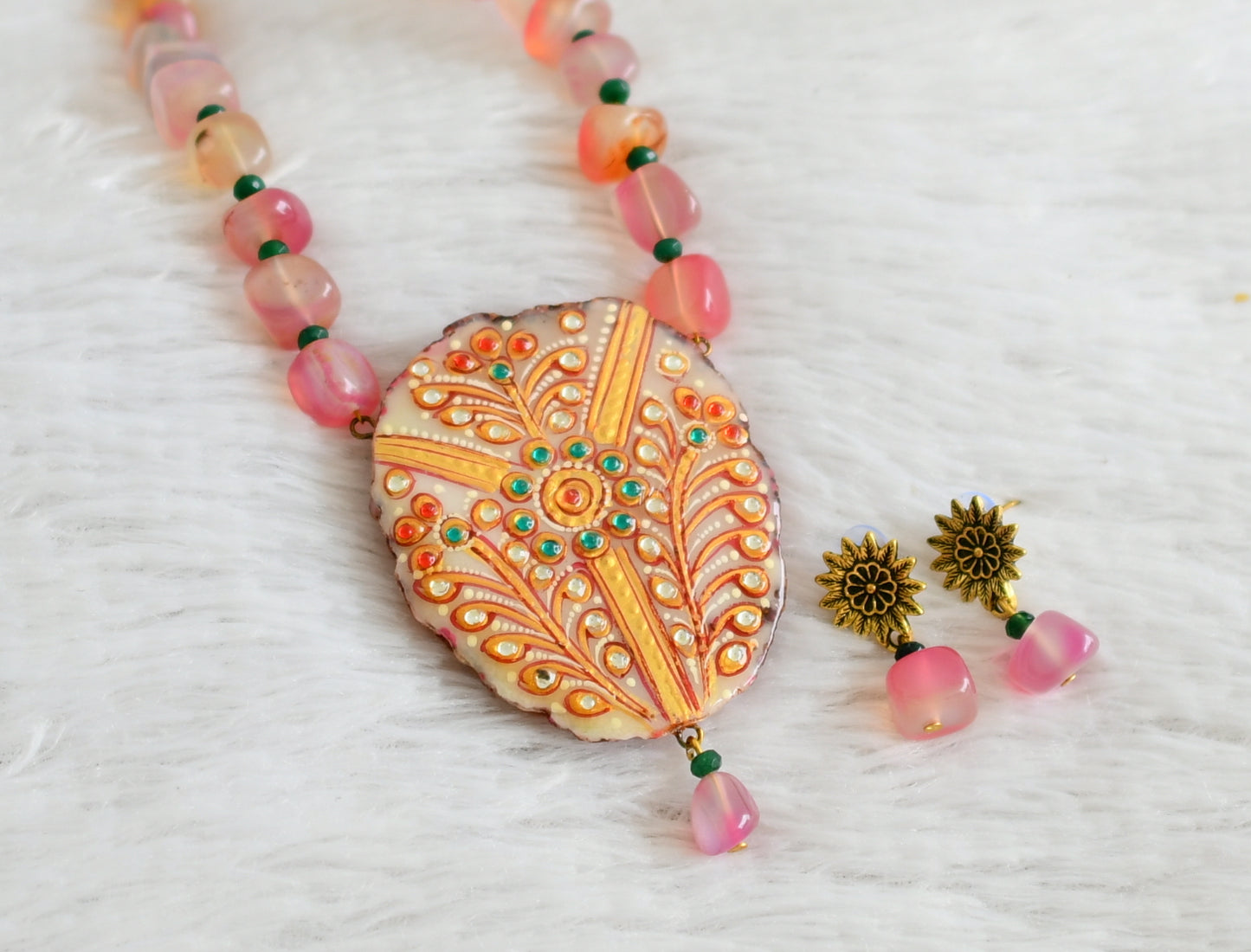 Hand painted flower sliced agate pendant with baby pink-green onyx beaded necklace set dj-48586