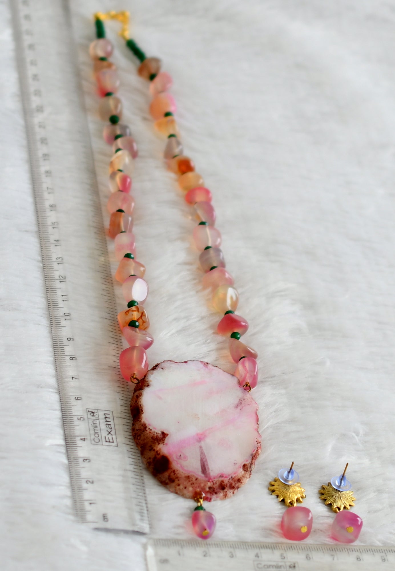 Hand painted flower sliced agate pendant with baby pink-green onyx beaded necklace set dj-48586