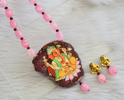 Hand painted ganesha sliced agate pendant with baby pink-maroon onyx beads necklace set dj-45201