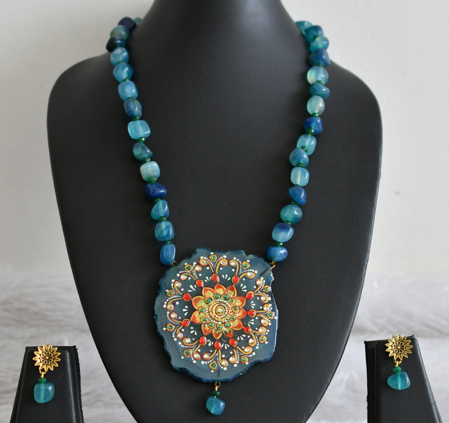 Hand painted flower sliced agate pendant with blue-green onyx beaded necklace set dj-48591