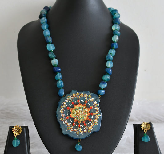 Hand painted flower sliced agate pendant with blue-green onyx beaded necklace set dj-48591