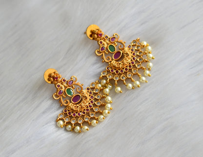 Matte finish ruby-green-white pearl peacock earrings dj-42262