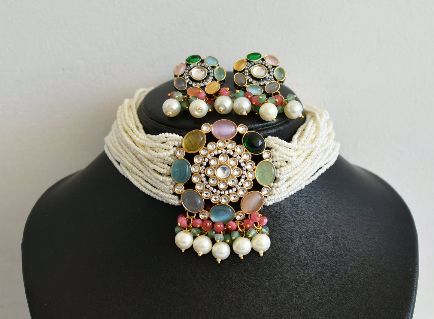 Two tone Multi color stone pearl choker necklace set dj-35519
