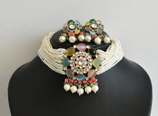 Two tone Multi color stone pearl choker necklace set dj-35519