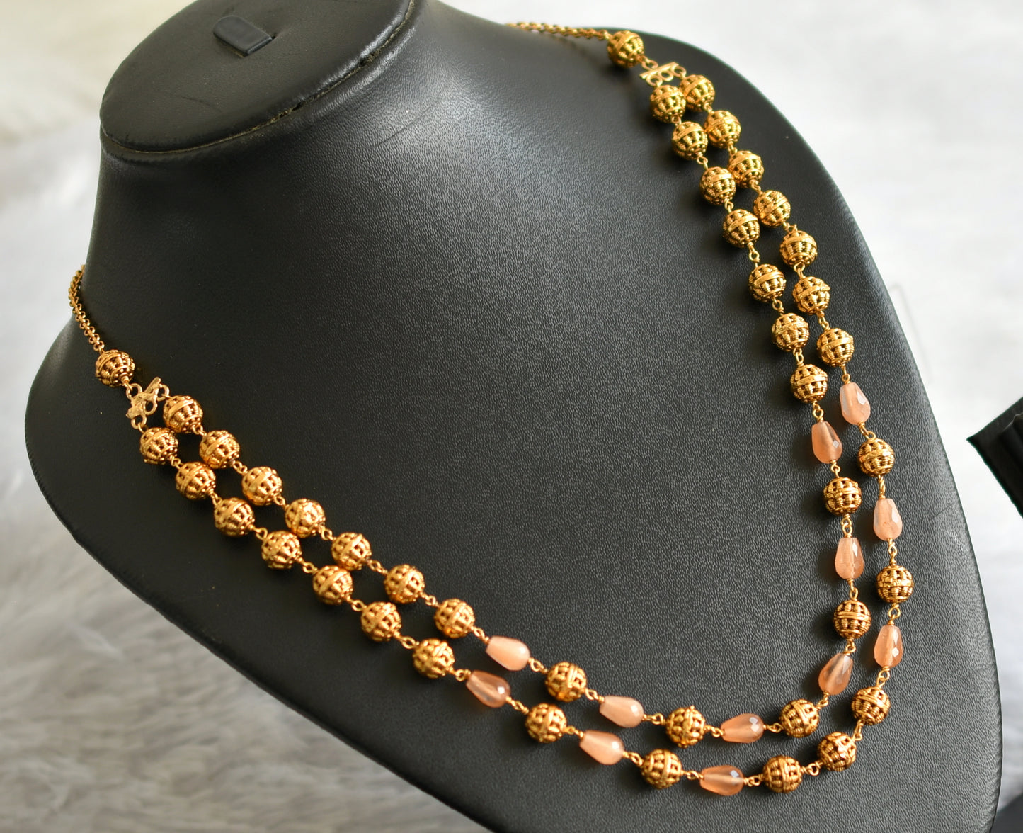 Antique gold tone peach beaded double layer mala dj-46836