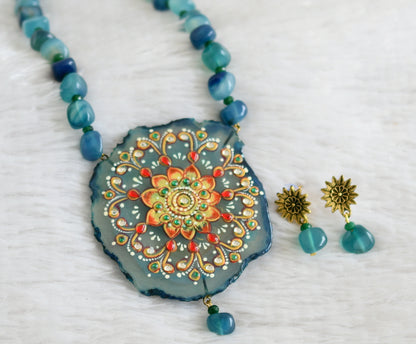 Hand painted flower sliced agate pendant with blue-green onyx beaded necklace set dj-48591