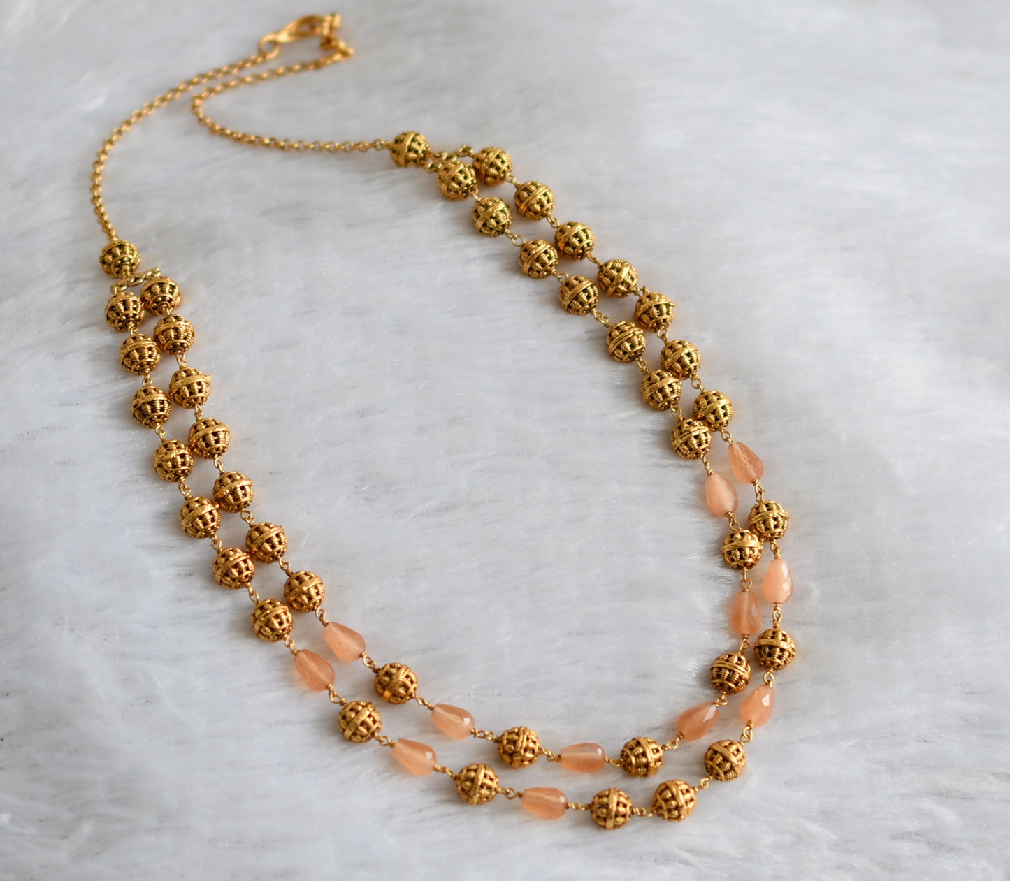 Antique gold tone peach beaded double layer mala dj-46836