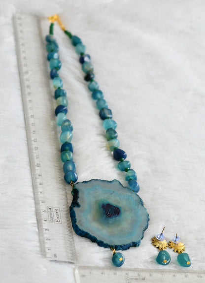 Hand painted flower sliced agate pendant with blue-green onyx beaded necklace set dj-48591