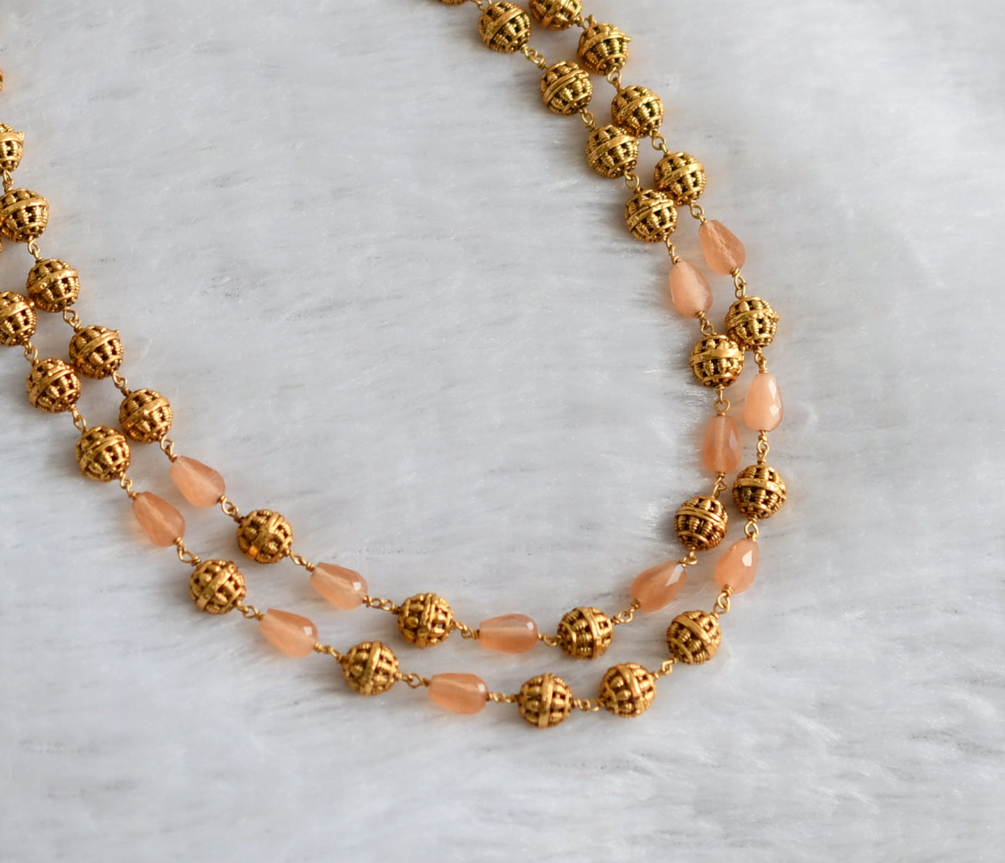 Antique gold tone peach beaded double layer mala dj-46836