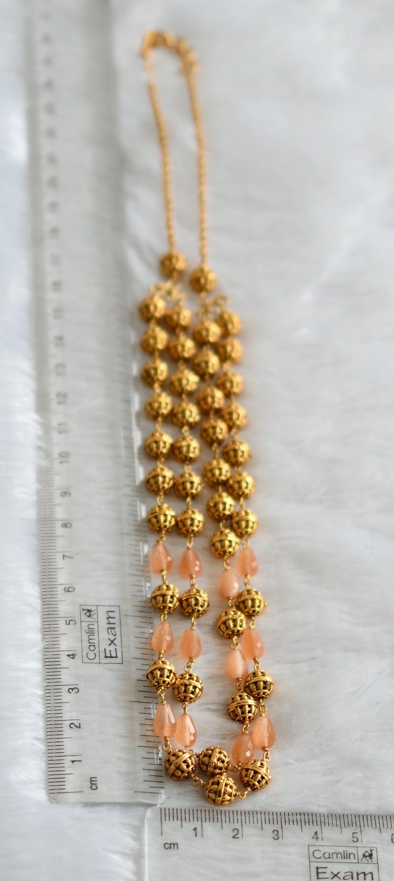 Antique gold tone peach beaded double layer mala dj-46836