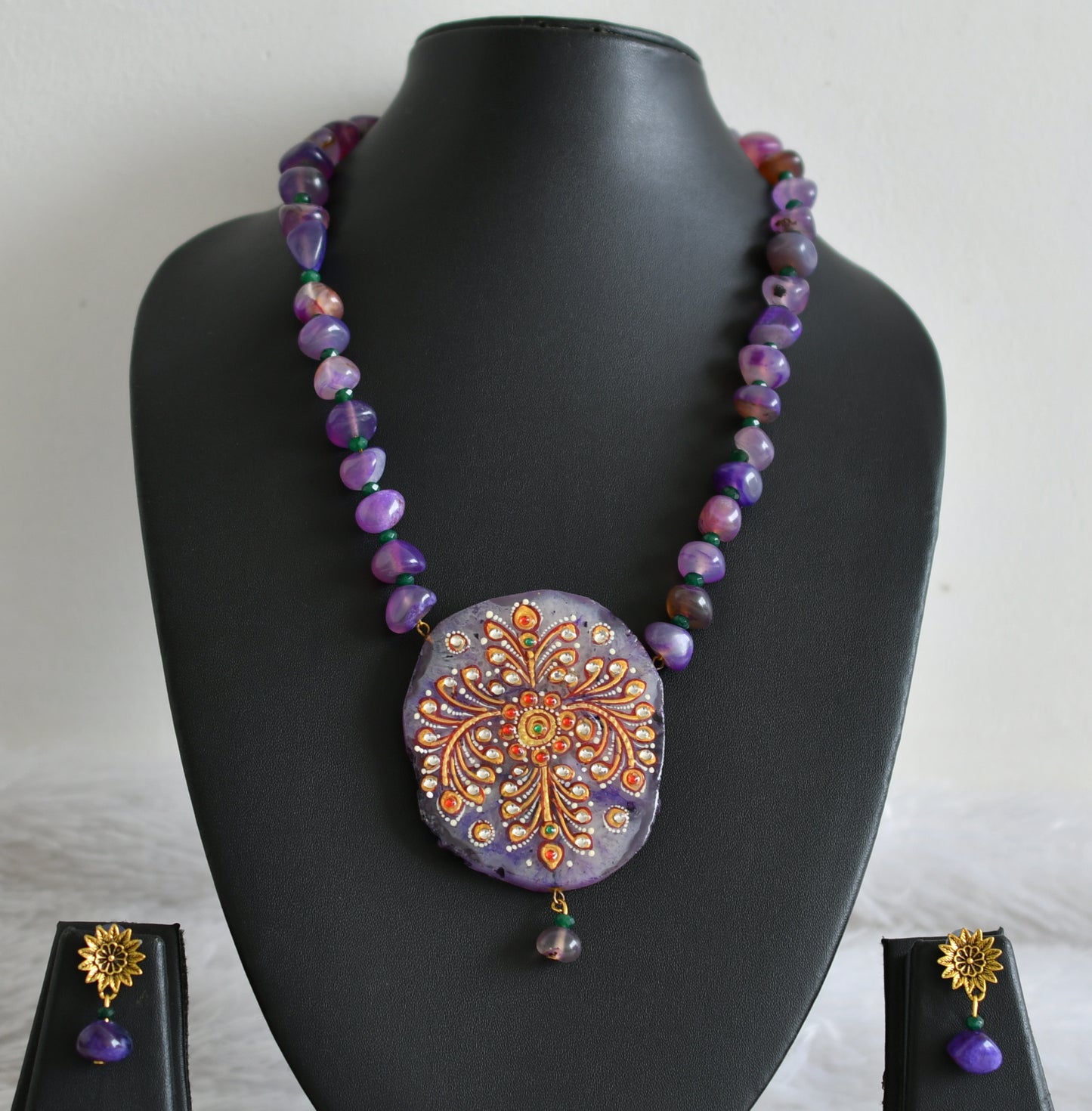 Hand painted flower sliced agate pendant with purple-green onyx beaded necklace set dj-48588