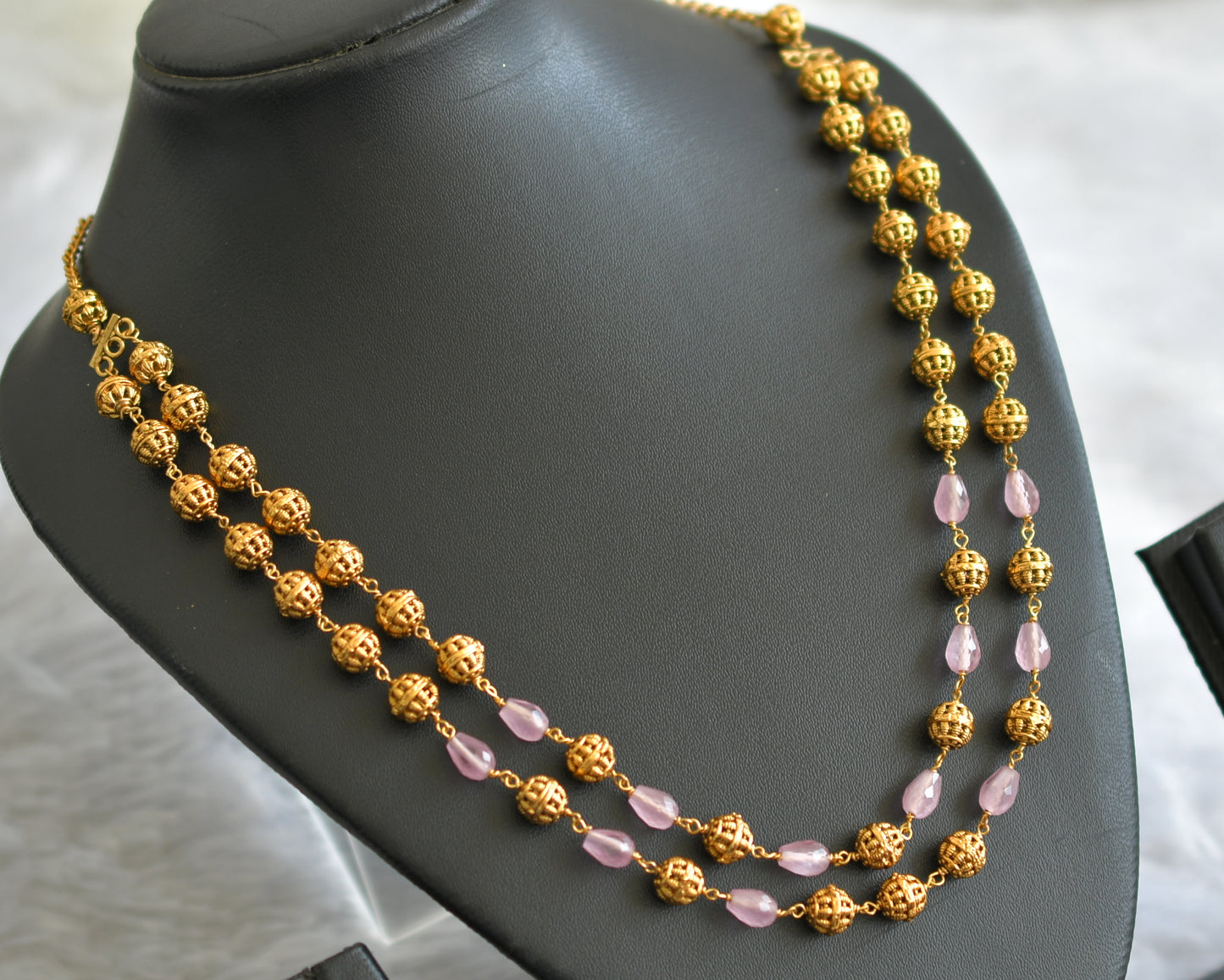 Antique gold tone baby pink beaded double layer mala dj-46835