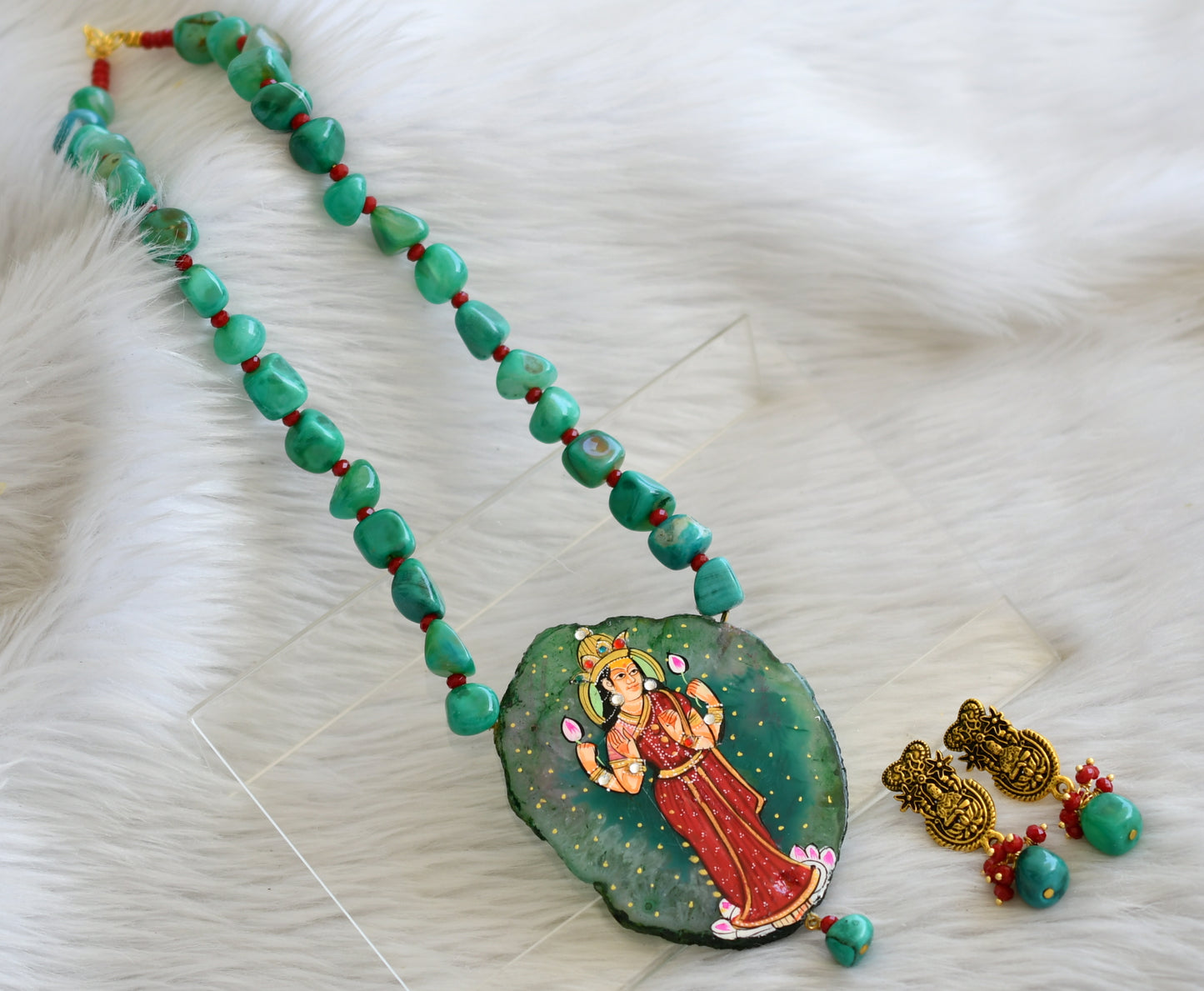 Hand painted lakshmi sliced agate pendant with green-red onyx beads necklace set dj-45179