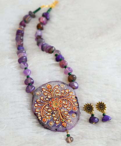 Hand painted flower sliced agate pendant with purple-green onyx beaded necklace set dj-48588